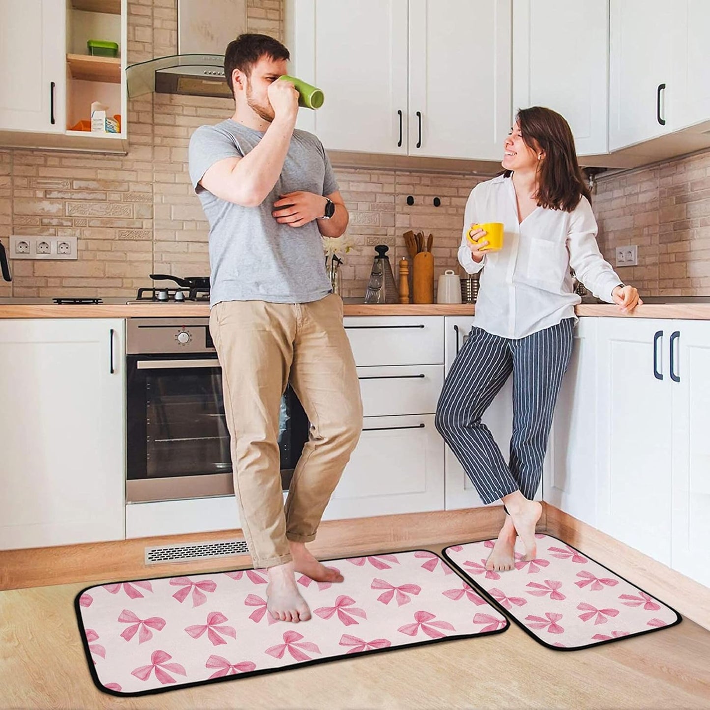 Burbuja Pink Bow Kitchen Rug and Mat Set of 2, Absorbent Washable Non Skid Comfort Standing Floor Mat for Kitchen Bathroom Living Room Sink Laundry