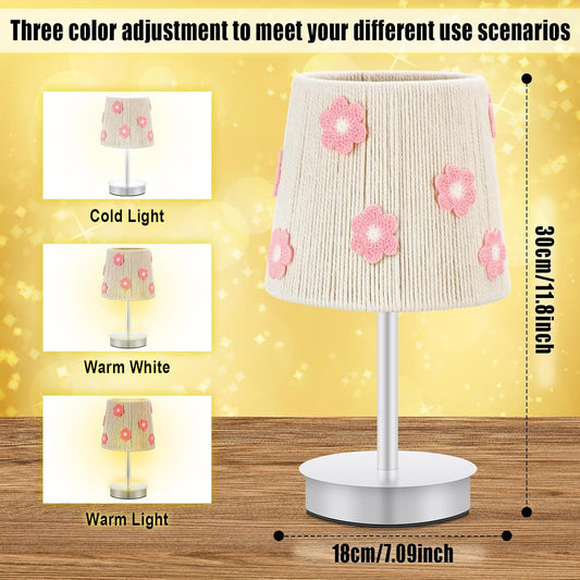 Glooglitter Spring Pink Flower Table Lamp 3 Colors Kawaii Decorative Desk Bedside Fabric Lamp Preppy Boho Floral LED with Shade Farmhouse Rustic Nightstand for Women Gifts Nursery Bedroom Dorm