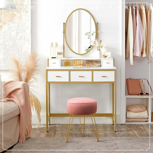 LUE BONA Vanity Stool, Pink Vanity Stools for Makeup Room, Round Ottoman Foot Stool, Velvet Footrest Vanity Chair for Bathroom Vanity, Bedroom, Living Room, Entryway, Offices, 300lbs