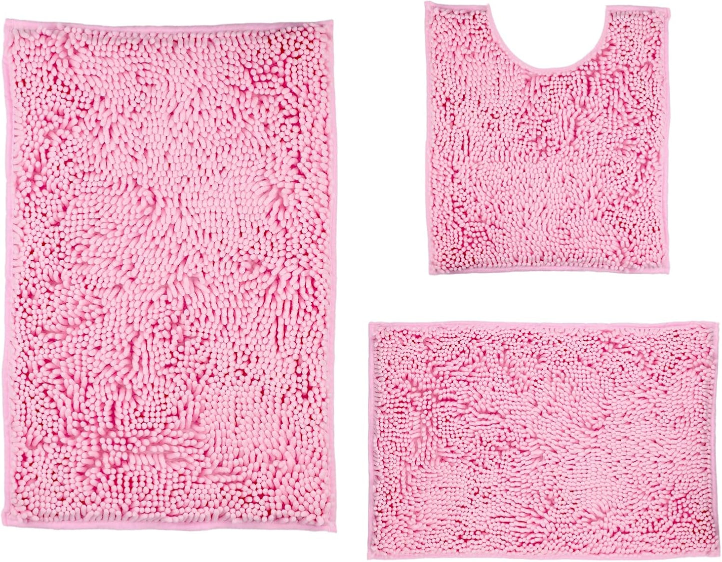 Pink Bathroom Rugs Sets 3 Piece Washable, Luxury ,Chenille Bath Mat Set, Soft Plush Anti-Slip Rectangular Bath, Rug Super Absorbent.3 Pieces Bathroom (Pink, 32"x20"+24"x16"+U Shape 20"x20")