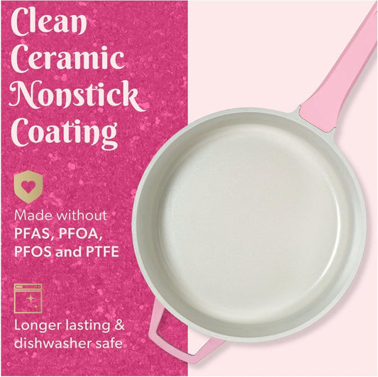 4 Quart Cast Aluminum Cooker, Pink - Jumbo Skillet Pan for One-Pan Meals, Nonstick Saute Pan with Lid, Versatile Kitchen Cookware for Entrees & Vegetables