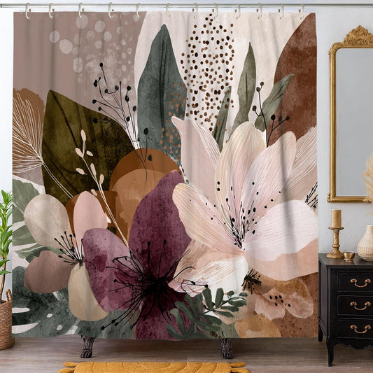 Flower Shower Curtain, Modern Abstract Leaf Circle Fall Muted Peach Washable with Hooks Toile Cloth Shower Curtains for Bathroom Bathtub Apartment Decor 62x72 Inch