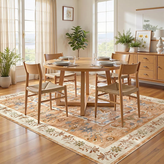 jinchan Area Rug 6x9 Washable Rug, Vintage Floral Living Room Carpet Non Slip Home Decor Rugs, Low-Pile Carpet for Bathroom Entrance Bedroom Office Farmhouse and Dining Table (Dusty Pink)