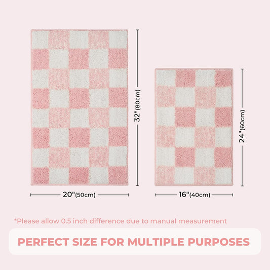 GRANNY SAYS Checkered Pink Bathroom Rugs Decor, 24" x 16", Fluffy Rug, Absorbent Microfiber Ultra Soft Bath Mat Washable, Non-Slip Bath Mats for Bathroom, Cute Floor Mat for Tub, Shower, Bedroom