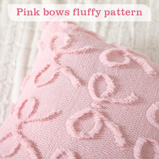 SmoothNovelty Pink Bow Pillow Covers 18x18 Set of 2 Coquette Preppy Room Decor Stuff Decorative Embroidered Pillow Cases Cute Aesthetic Fluffy Plush Bowknot Cushion Covers for Bedroom Couch Sofa