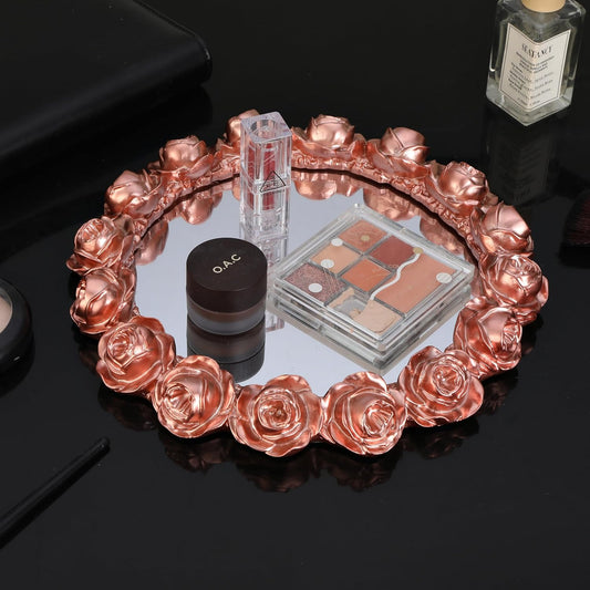 Pink Rose Mirrored Vanity Tray - Ornate Makeup Vintage Round Perfume Dresser Jewelry Trinket Organizer for Bathroom Storage Home Decor