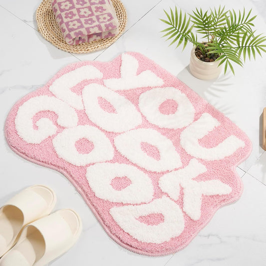 ELDONE You Look Good Bath Mat - Cute Light Pink Bathroom Rugs Non Slip Washable, Blue Bathroom Decor, Bedroom Decor Aesthetic, Funny Funky Trendy Pink and White Bathroom Mats 25" x 21"