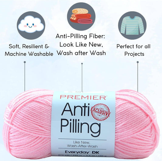 Premier Yarns Anti-Pilling Everyday DK Baby Pink 1107-33 (3-Skeins-Same Dye Lot) DK Light Worsted #3 Anti-Pilling Acrylic Yarn for Crocheting and Knitting with Project Bag