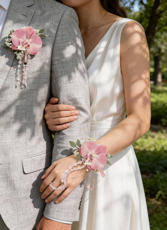 Pink Boutonniere and Corsage Set, Wedding Boutonniere Wrist Corsages Kit for Groom Groomsmen Bride Bridesmaid, Boutonnieres and Corsage Wristlet for Men Women Prom Party