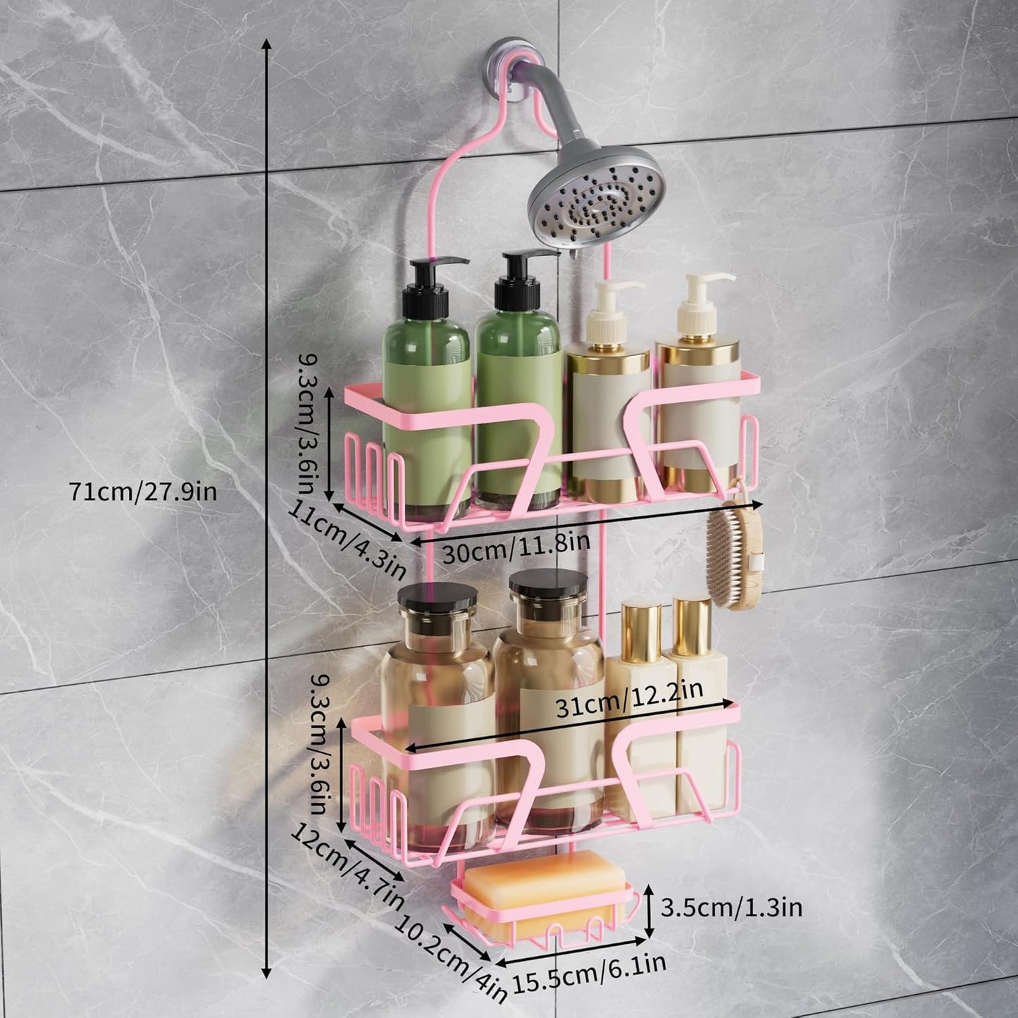 DAOYA Shower Caddy Hanging, Pink Over the Shower Head Caddy with Soap Holder, Bathroom Organizer with Hooks for Razors and Bath Sponges