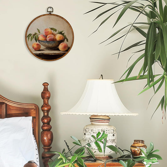 BCUANGD Vintage Peach Round Wall Art Decor - Retro Food Still Life Wall Art Canvas Frame Artwork Prints, Rustic Country Bakery Round Wall Hanging Decorations for Kitchen Home, 10"x10"