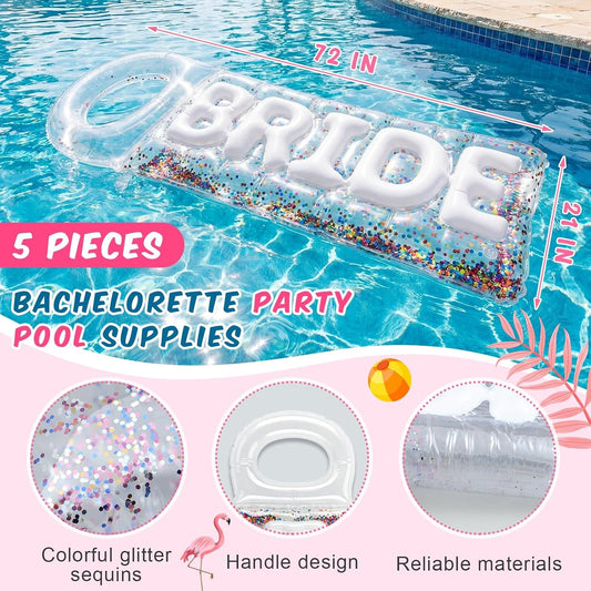 5 Pcs Bachelorette Pool Floats Set, Bride Pool Party Decor: 72" Glitter Bride Raft Lounger & 4 Heart Swim Rings Inflatable Beach Float for Bridesmaids Bridal Shower Wedding Engagement