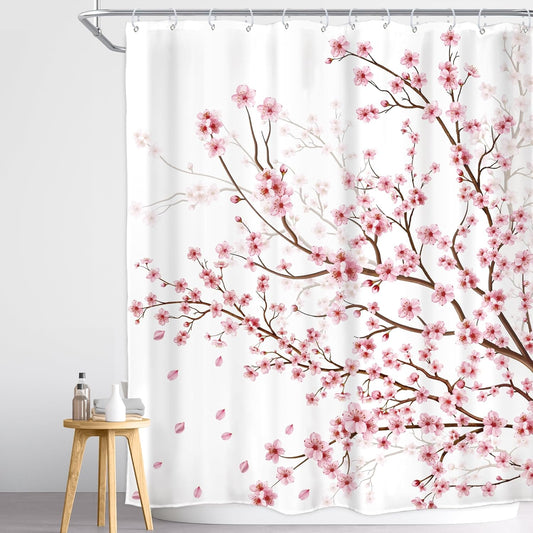 Cherry Blossom Plum Asian Shower Curtain Japanese Weeping Flower 60Wx72H Inch Sakura Pink Floral Watercolor Cute Branch Ink Scenery Waterproof Polyester Fabric Bathroom Bathtub