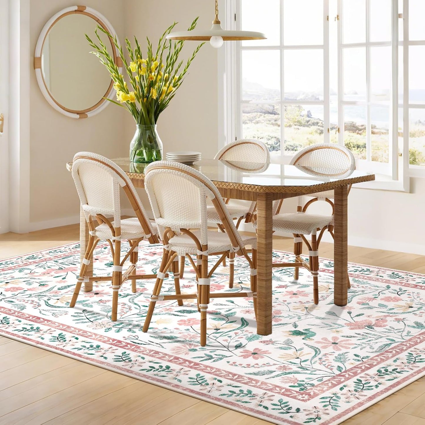 SHACOS 4x6 Boho Area Rugs for Living Room, Machine Washable Floral Carpet for Bedroom Non Slip Soft Nursery Rugs for Kids Room Dining Room Entryway Indoor, Pink