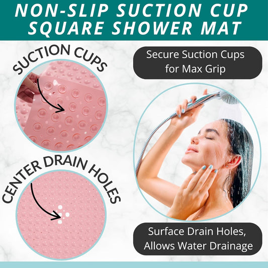 ENKOSI Square Shower Mat – 21 x 21 Inch Non-Slip Mat with Suction Cups and Drain Holes – Anti-Slip Square Bathroom Bathtub Shower Mats for Inside Shower (21x21 Baby Pink)