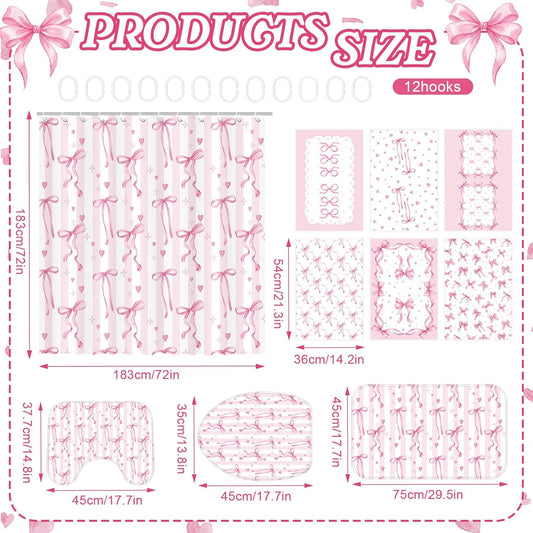Britimes 10 Pcs Pink Bows Bathroom Sets with Shower Curtain and Rugs and Towels, Coquette Aesthetic Bathroom Decor Pink Shower Curtain Set with Bath Mat Toilet Rug 12 Hooks 6 Microfiber Towels