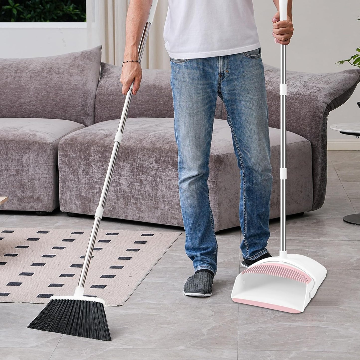 Broom with Dustpan Combo Set for Home, 52-in Long Handle Adjustable Broom and Dustpan Set with Dustpan Teeth for Sweeping Pet Hair Food Dirt Kitchen (Pink)