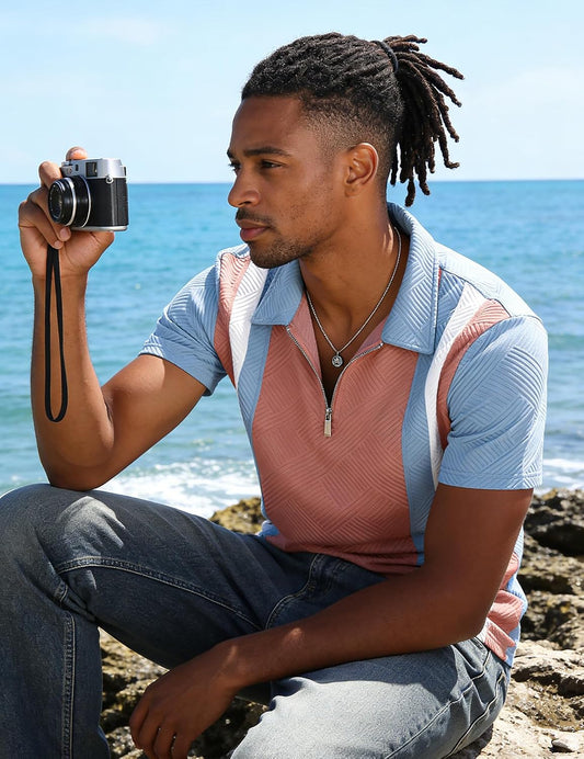 UOUA Men's 1/4 Zip Polo Shirts Summer Short Sleeve Sweatshirts Vintage Striped Texture Tops Casual Golf Tee