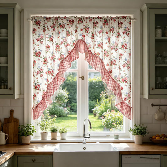 Pink Floral Ruffle Swag Valances for Kitchen Window Privacy Light Filtering Curtain Tiers for Bedroom Bathroom Over Sink Rod Pocket Valance for Small Window 1 Panel W59 x L39 Inch