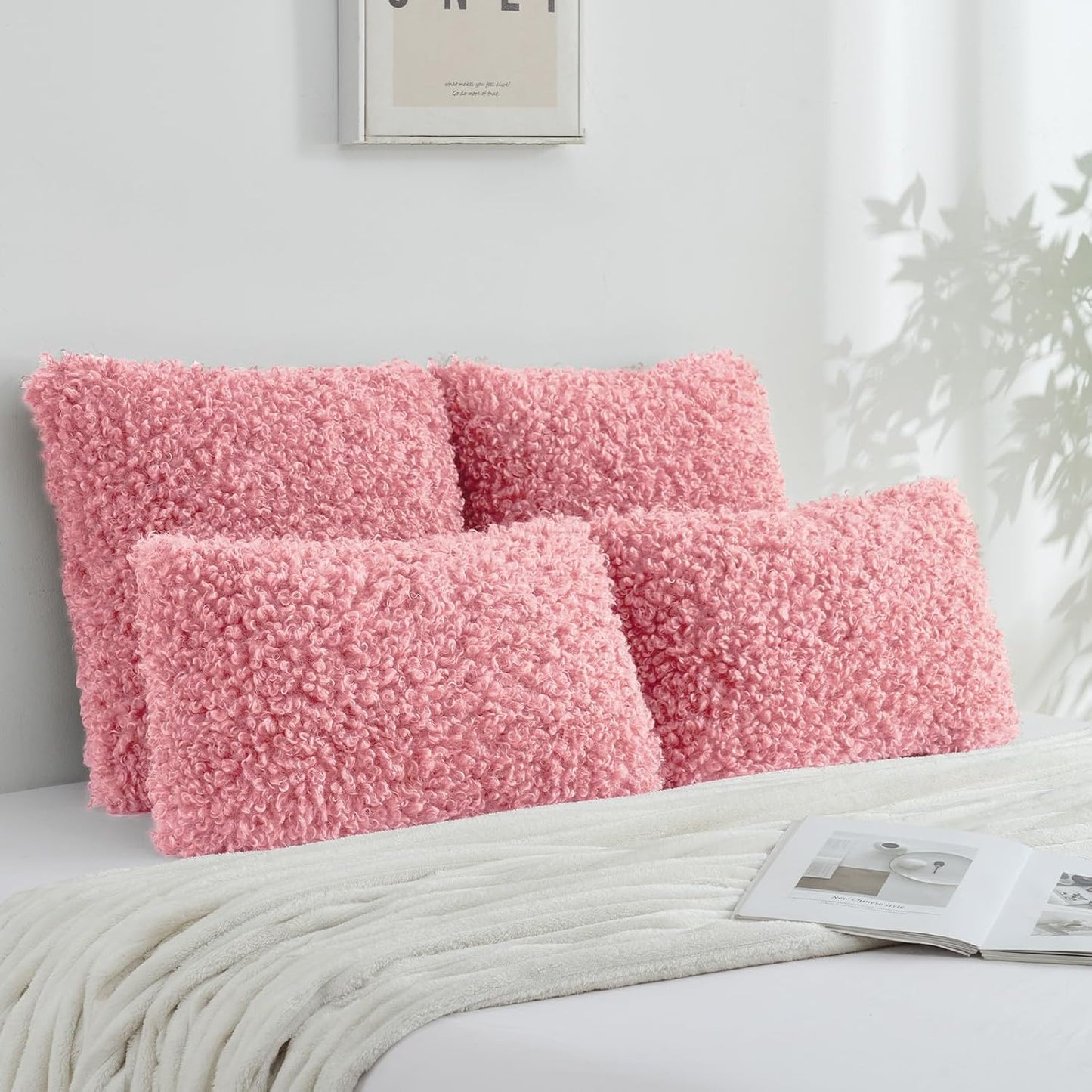 FUTEI Pack of 2 Decorative Throw Pillow Covers 18x18 Inch,Soft Fluffy Faux Wool Fur Boucle Textured Cushion Case,Modern Home Decor for Couch Bed Living Room Office,Pink