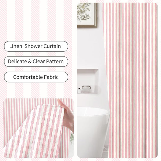 Pink White Striped Linen Cotton Waterproof Shower Curtain, Funny Stripe Shower Curtains for Bathroom Decor, Chic Fabric Cloth Shower Curtain 72" W x 72" L
