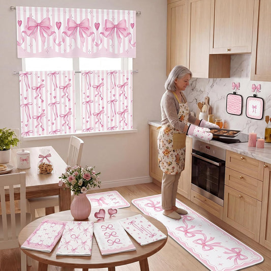 Britimes Pink Bows Kitchen Decor Sets Girly Coquette Watercolor Kitchen Sets for Housewarming Home Decorations Includes Valance Curtains Towels Rugs Oven Mitts Pot Holders Kitchen Accessories Set