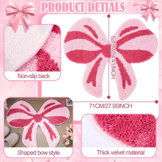 Tinideya Pink Bow Bathroom Mat, 28 x 24 Inch Non Slip Bath Rugs Coquette Bow Bathmat Pink Bowknot Bathroom Rugs Bowknot Shaped Rug Door Welcome Mat for Bathtub Decor Gifts