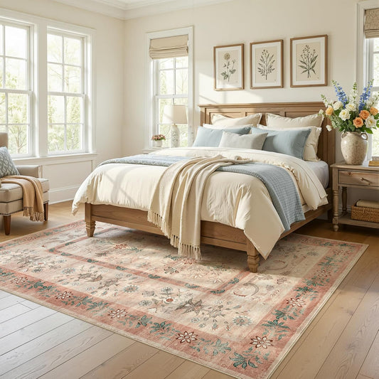 jinchan Area Rug 8x10 Washable Rug, Vintage Floral Living Room Carpet Non Slip Home Decor Rugs, Low-Pile Carpet for Bathroom Entrance Bedroom Office Farmhouse and Dining Table (Dusty Pink)