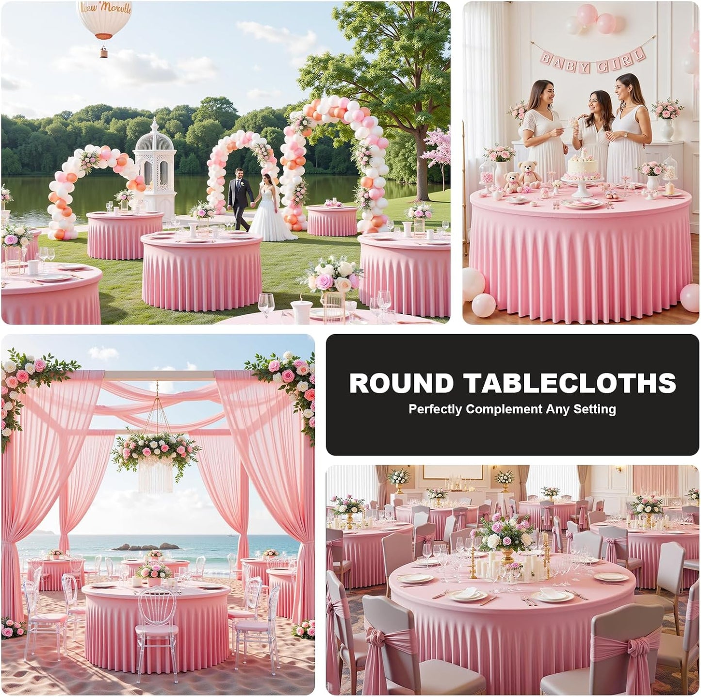 4 Pack Pink 60 inch Round Spandex Tablecloth,Wrinkle-Free Stretchy Fitted 5FT Round Tables,Elastic Edge with Skirt,Washable Tablecloths for Wedding Banquet Party Birthday Buffet