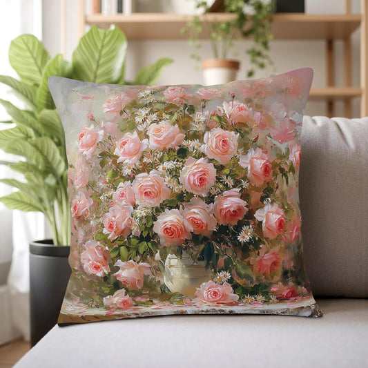 Retro Pink Flower Throw Pillow Covers Vintage Daisy Rose Floral Pillow Covers 18x18 Set of 2 Shabby Chic Oil Painting Outdoor Pillowcases for Home Bedroom Living Room Sofa Couch