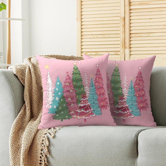 Pink Christmas Pillow Covers 18x18 Inch Set of 2 Cute Colorful Xmas Tree Decorative Throw Pillowcases Winter Holiday Outdoor Seasonal Farmhouse Cushion Cases Decor for Sofa Couch Bed