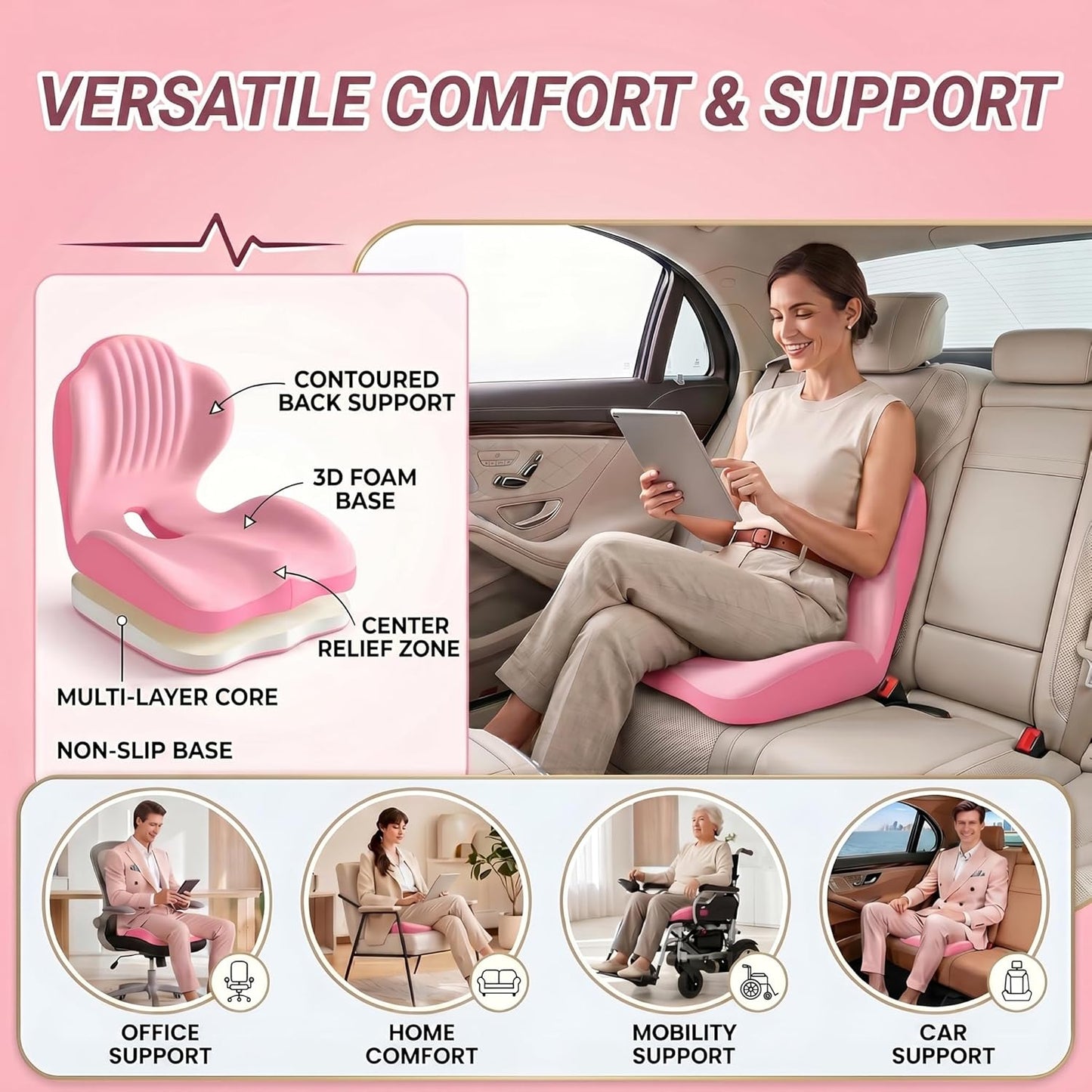 Ergonomic Seat Cushion,Lumbar Support for Office Chair, Memory Foam Chair Cushion for Car Seat,Long Sitting Comfort & Posture Support (Pink)