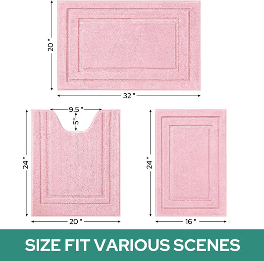 HOMEIDEAS Bathroom Rugs Sets 3 Piece, Super Soft and Absorbent Non Slip Microfiber Toilet Bath Mat with U-Shaped (Light Pink)