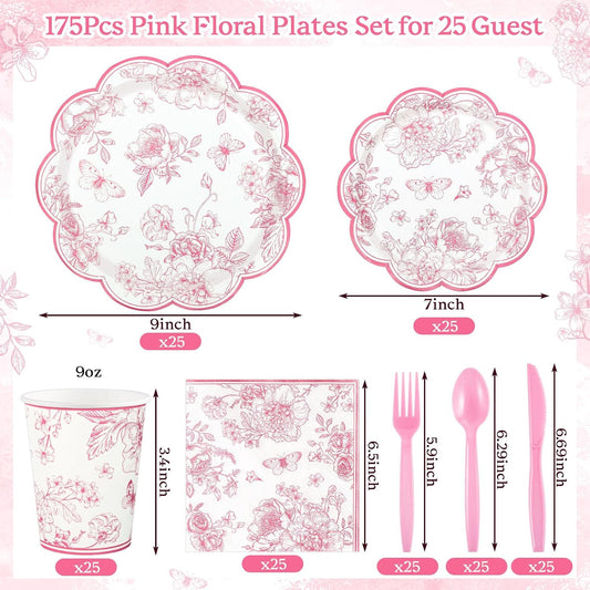 NatNarr 175 Pcs Pink Floral Plates and Napkins, 25 Guest Scalloped Vintage Floral Party Decorations Include Toile Plates Napkins Cups Cutlery for Wedding, Bridal Baby Shower Tea Party