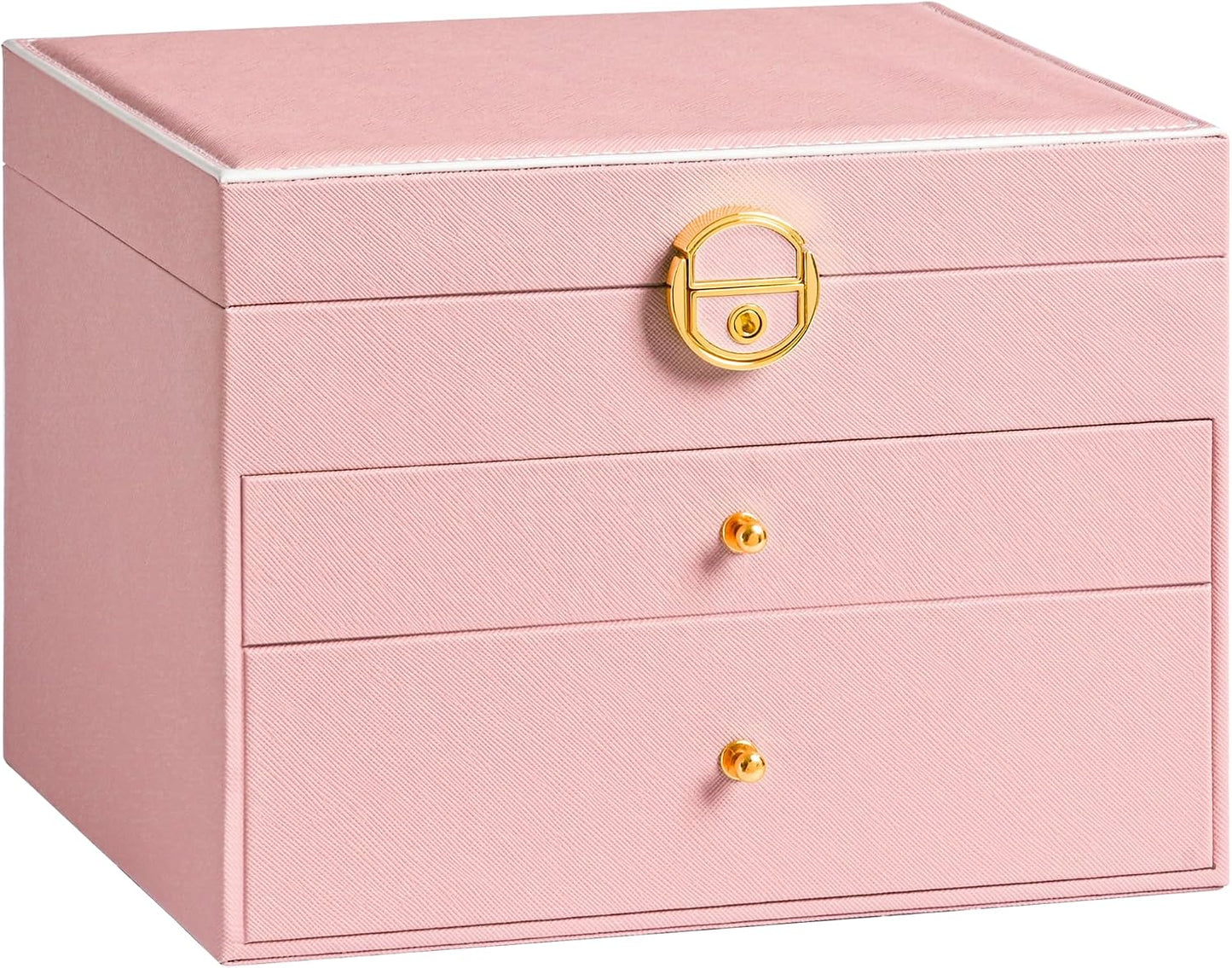 Jewelry Box, 3 Layers Leather Jewelry Storage Display Box for Women, Gift Case, 2 Drawers, Large Capacity for Necklace Earrings Bracelets Rings, Pink