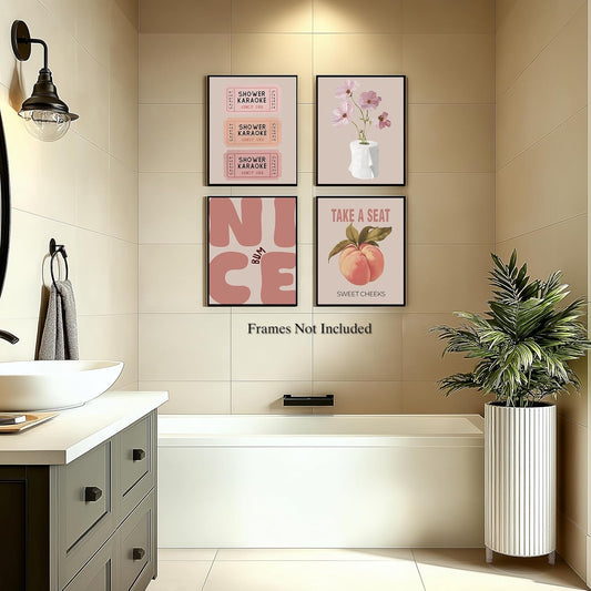 WOOGCHEIR Funny Trendy Vintage Pink Bathroom Wall Art Posters Set of 4, Funny Preppy Peach Sweet Cheeks Trendy Prints Posters for Bathroom Washroom Restroom Wall Art Decor, 8x10 Unframed