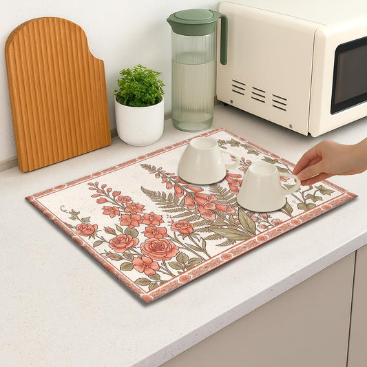 Floral Dish Drying Mats for Kitchen, Vintage Peach Absorbent Dish Drainer Rack Mat, Spring Garden Microfiber Drying Pad for Counter Protector 18x24 Inch