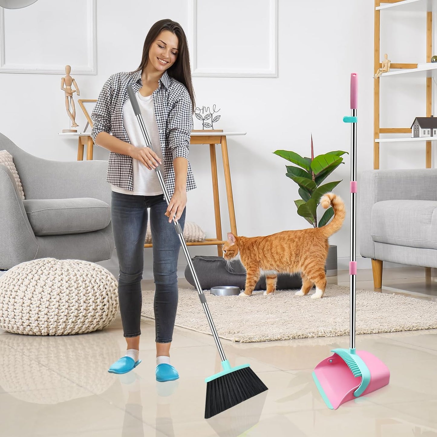 Broom and Dustpan Set, 52-in Long Adjustable Handle Broom Dustpan Combo with Dust pan Teeth to Automatically Clean Hair Suitable for Home Kitchen Office Hall Floor(Pink&Blue)