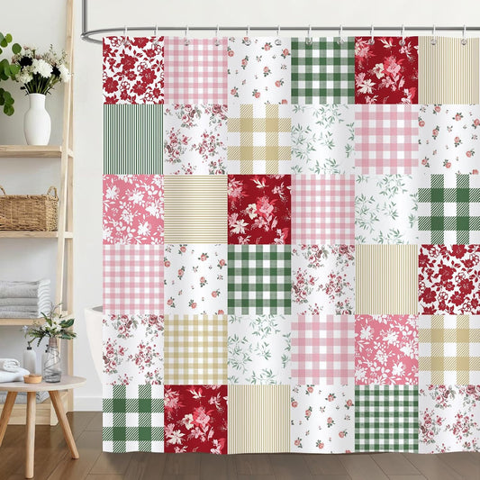 Cute Checkered Floral Shower Curtain, Boho Pink Green Patchwork Flower Plaid Retro Shower Curtain for Bathroom Waterproof Polyester Fabric with 12 Hooks, 72 x 72 Inches