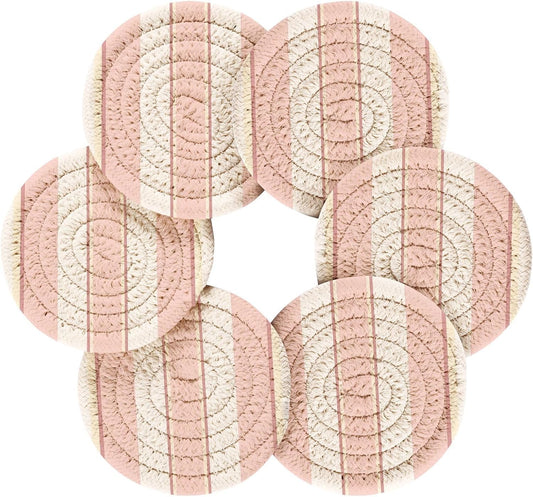 6 Pcs Pink White Stripe Drink Coasters with Holder,Round Woven Coaster Set Absorbent Coasters for Tabletop Protection Table Home Decor, 4 Inch