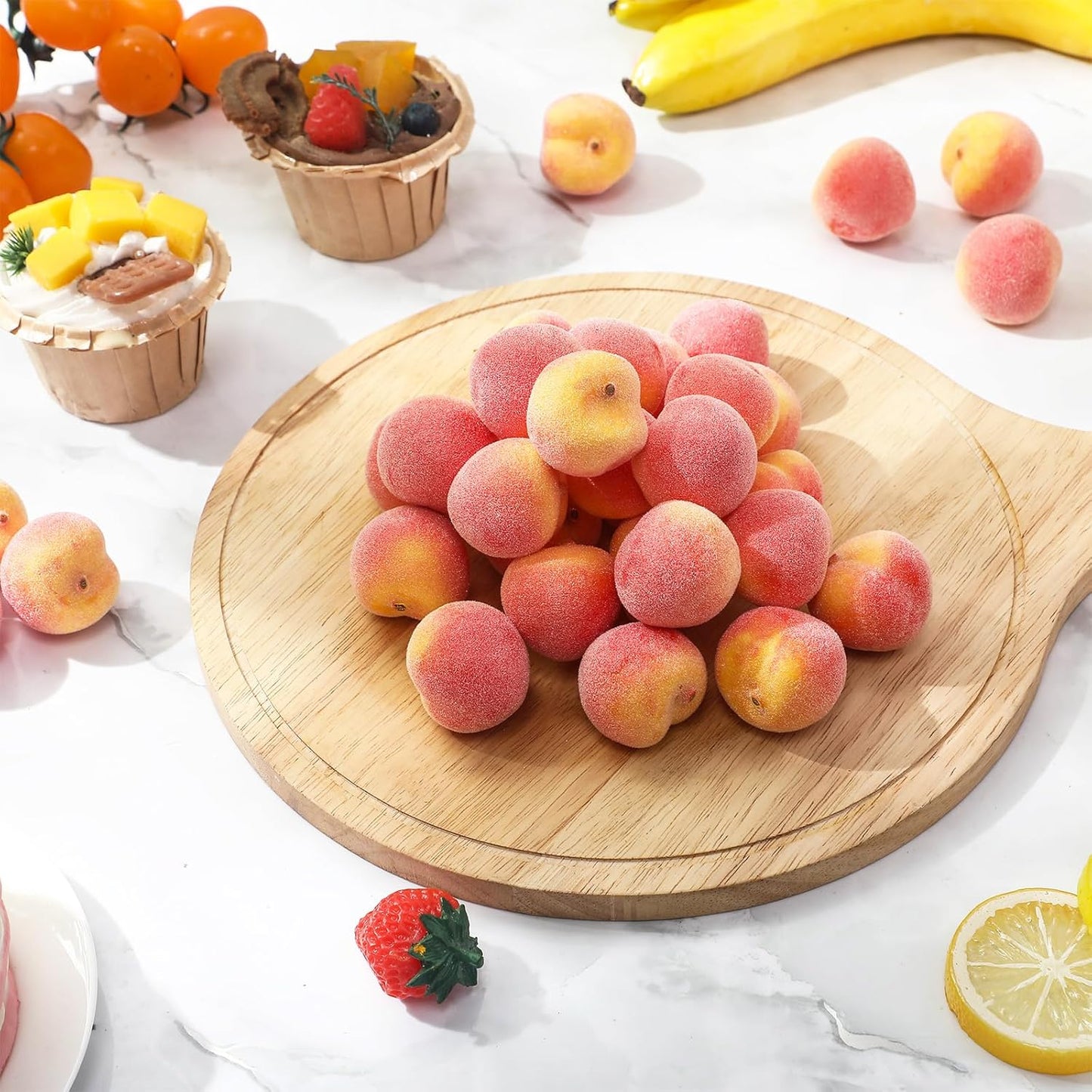 AceOrbit 100 Pcs Artificial Peach Decorations Foam Peach Lifelike Fake Fruit Faux Small Simulation for Home Birthday Party Cabinet Table Festival Kitchen Harvest Photography Prop (1.38 Inch)