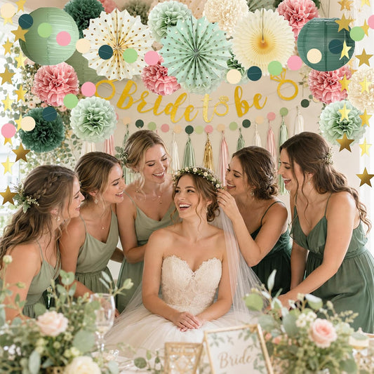 Bridal Shower Decorations, Dusty Pink and Sage Green Bridal Shower Decorations, Boho Bride to Be Wedding Shower Decoration, Bachelorette Party Decoration with paper pompoms, Fans, Tissue Garland