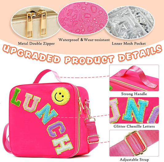 LOKFAR Insulated Lunch Bag Women Lunch Box Kids for Teen Girls Boys, Cute Preppy Lunch Boxes With Adjustable Shoulder Strap, Waterproof Nylon Lunchbox Lunch Bags for School Work Picnic (Rose Red)