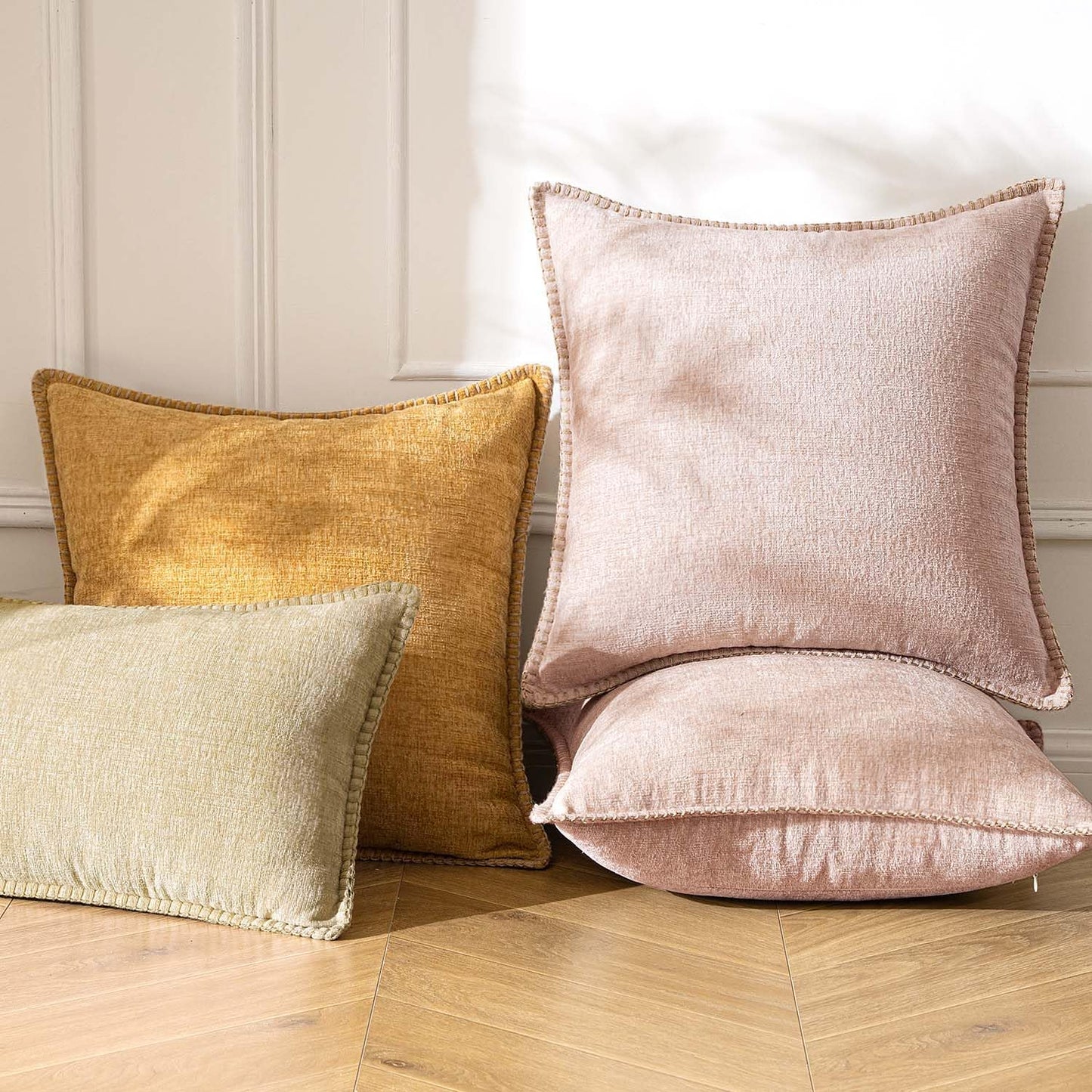 ANRODUO Pack of 2 Blush Pink Chenille Throw Pillow Covers 18x18 Inch Farmhouse Decorative Pillow Covers with Stitched Edge Soft Throw Pillows for Couch Sofa Bed and Living Room Fall Boho Home Decor