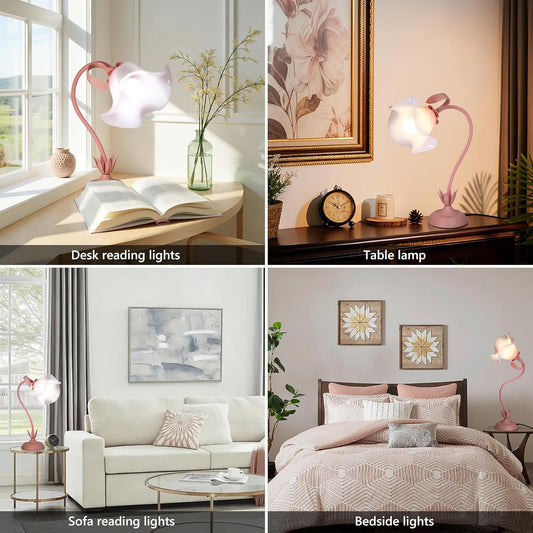 Pink Flower Table Lamp for Bedroom, 3 Colors Flower Reading Light with E26 Bulb, Cute Desk Lamp Bedside Lamps for Nightstands Home Decor, Adjustable Flexible DIY Floral Lamps for Living Room Office
