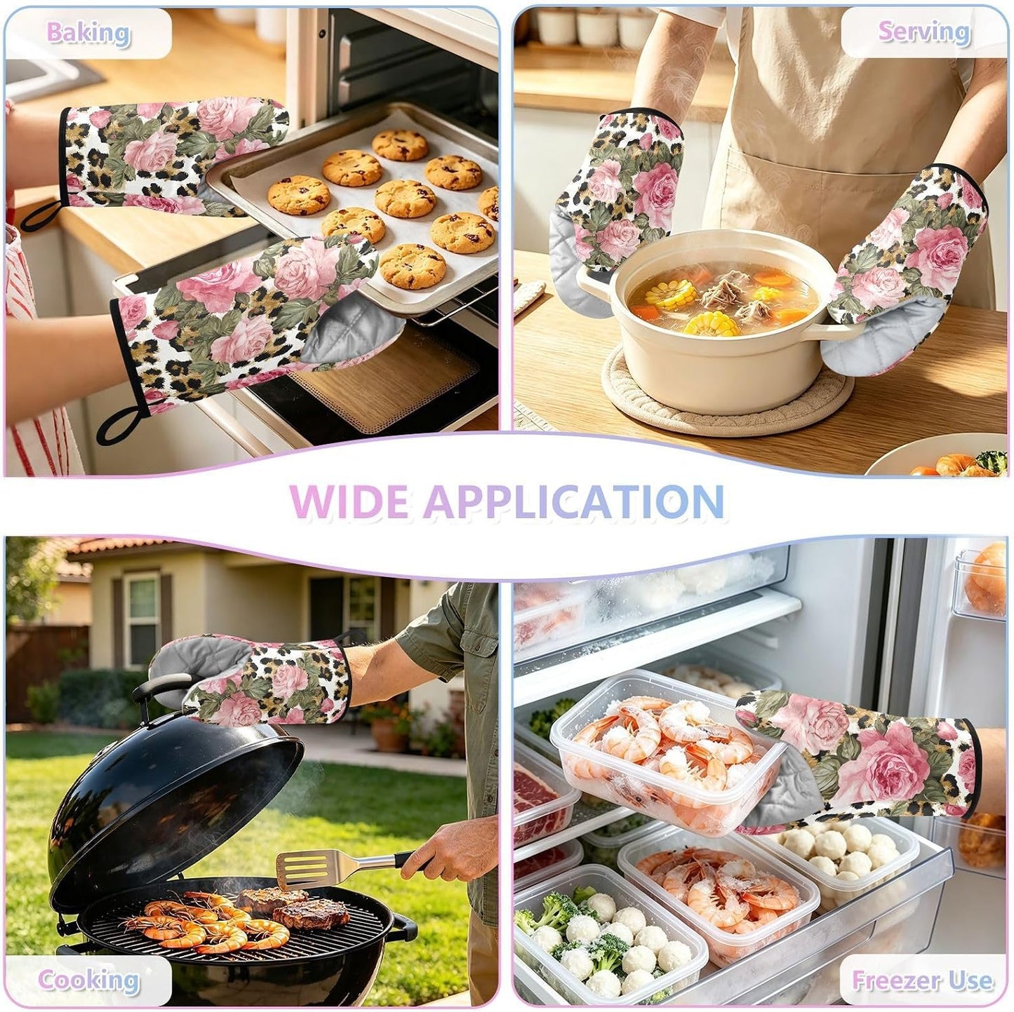 Oven Mitt 2 Pack Set Leopard Print Pink Rose Flowers Kitchen Mitts Gloves for for Cooking Baking Grilling
