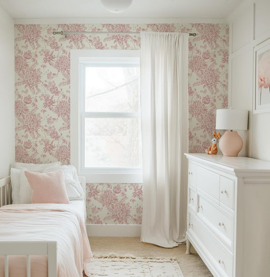 RollsRolla Pink Floral Toile Peel and Stick Wallpaper - Chinoiserie & French Country Design for Living Room, Bedroom and Bathroom - Renter-Friendly Temporary Wallpaper for Apartment