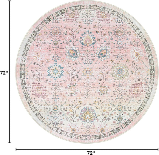 Lahome Flavie Light Pink Boho Rug 6ft, Circle Washable Area Rugs for Playroom Kids Room, Soft Floral Nursery Round Carpet Non Slip, Pastel Floor Carpet for Bedroom Living Room