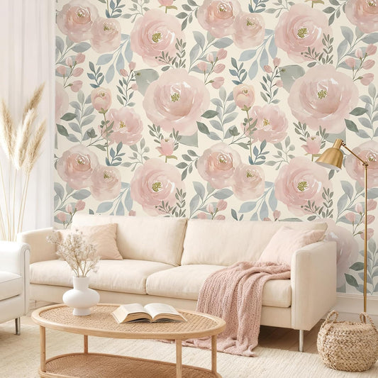 VEELIKE Soft Pastel Pink Floral Peel and Stick Wallpaper Vintage Watercolor Peony Wallpaper for Girls Bedroom Nursery Bathroom 17.7''x118'' Removable Self Adhesive Contact Paper Floral Wall Paper
