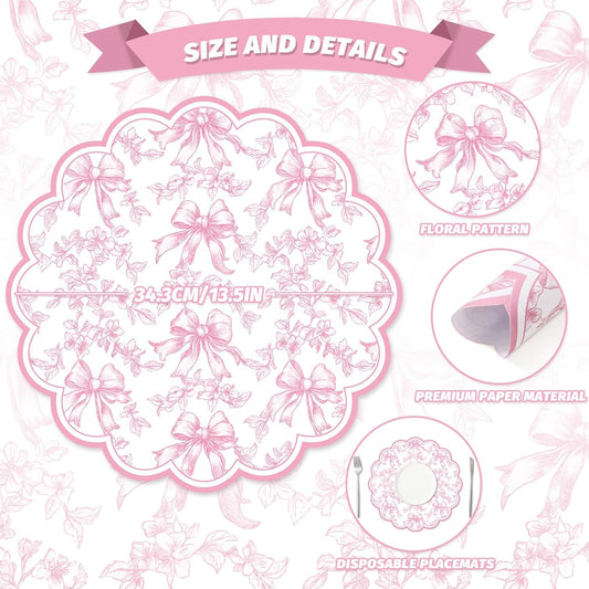 FYSUIMU 60Pcs Pink Floral Bow Scalloped Paper Placemats 13.5 Inch Vintage Flower Bow Disposable Place Mats Chinoiserie Table Mats for Coquette Party Dinner Table Setting
